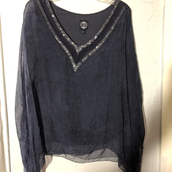 Le Marais Paris XL Navy Blue Sheer Overlay Top - Picture 1 of 6